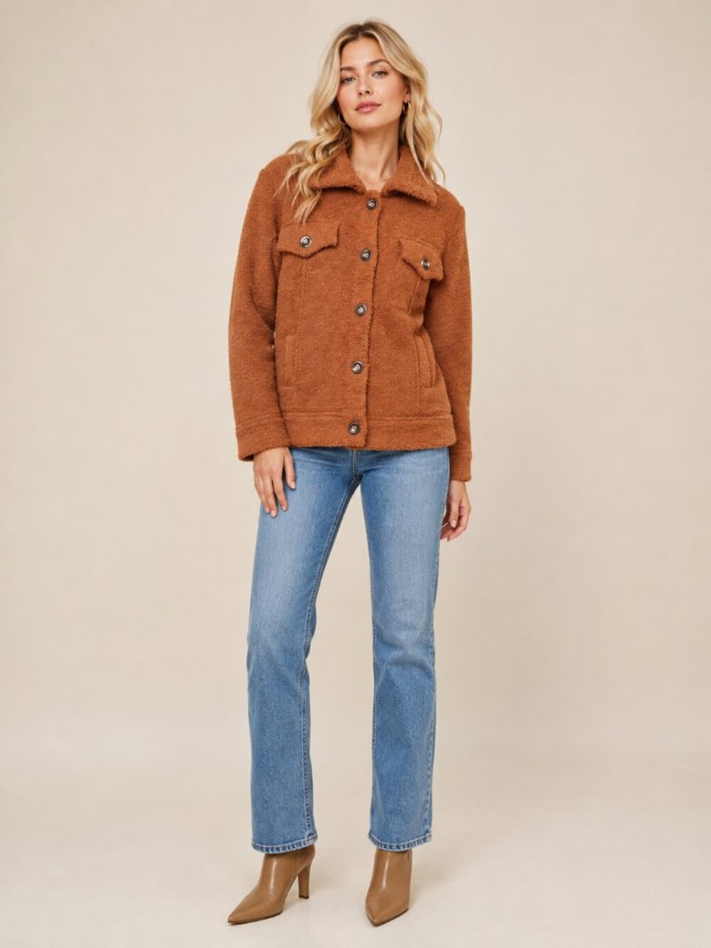TAHARI Bouclé Utility Teddy Shacket Burnt Orange Small #A4306